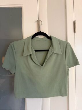 Sage Green Collared V-Neck Crop Top